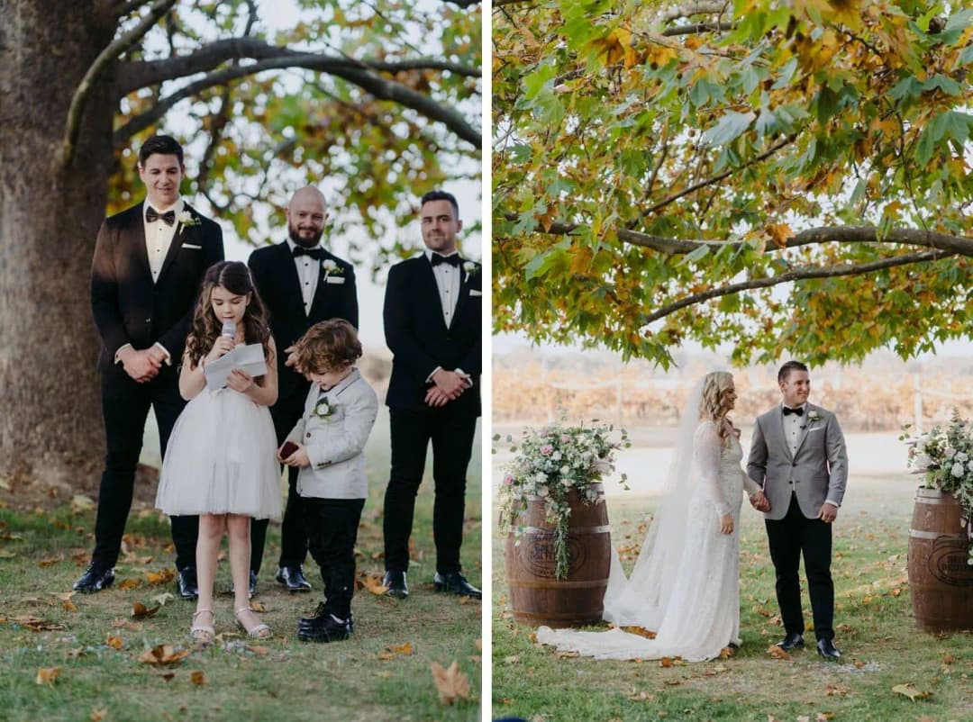 Two photographs of children beside the groomsmen and the couple at the ceremony.