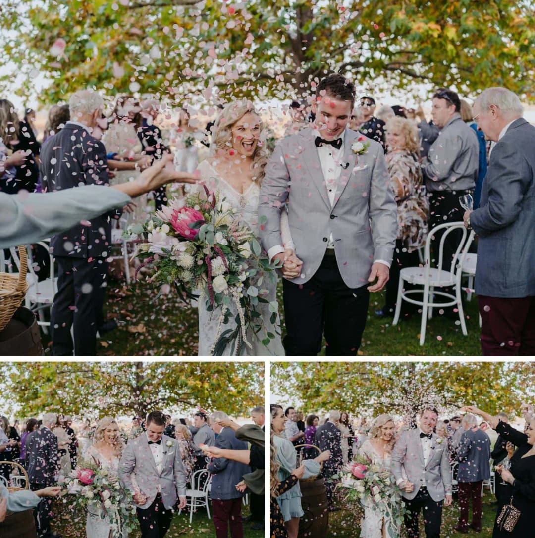 Three photographs of guests throwing confetti over the bride and groom in the aisle.