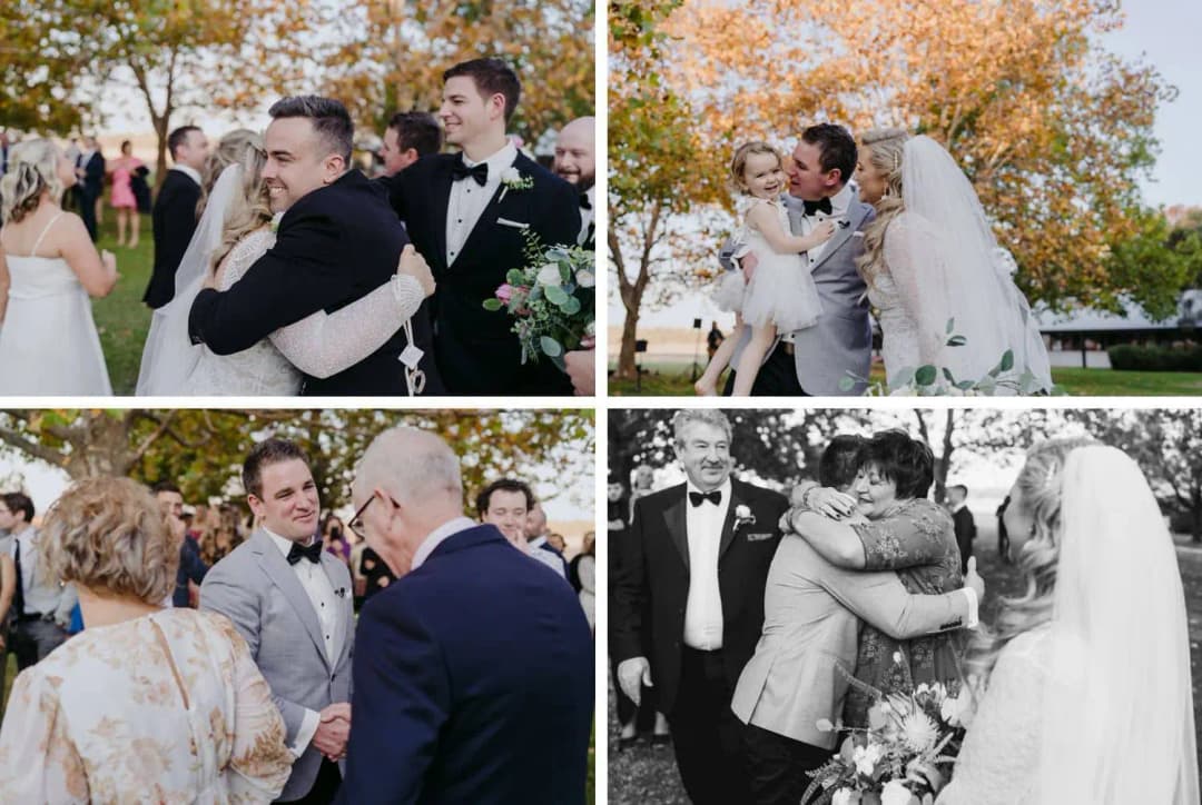 Four photographs of the couple sharing hugs and greetings with guests after the ceremony.