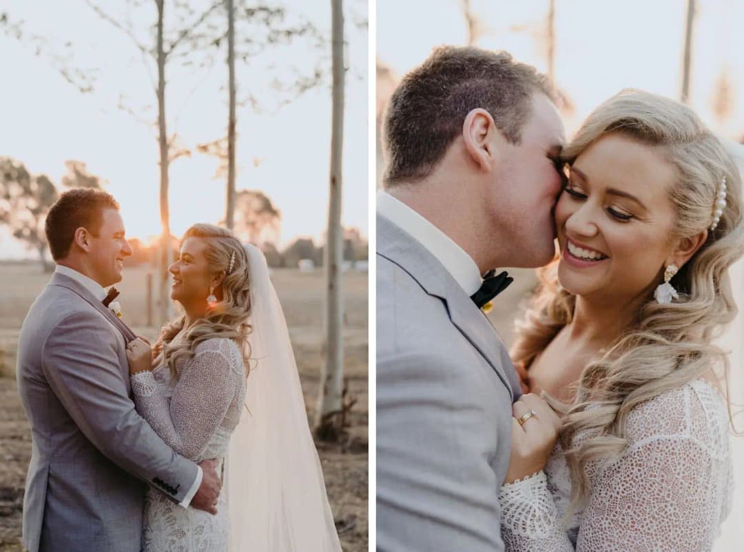Two close portraits of the couple smiling and embracing among sunlit trees.