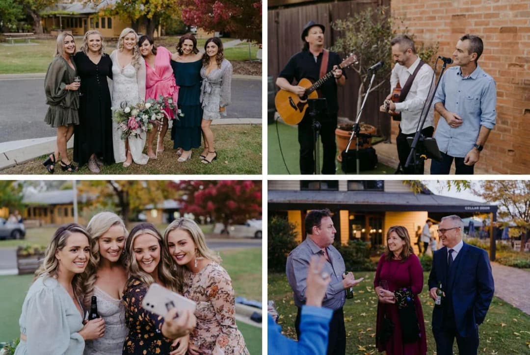 Four photographs of guests posing and chatting outdoors and musicians performing.