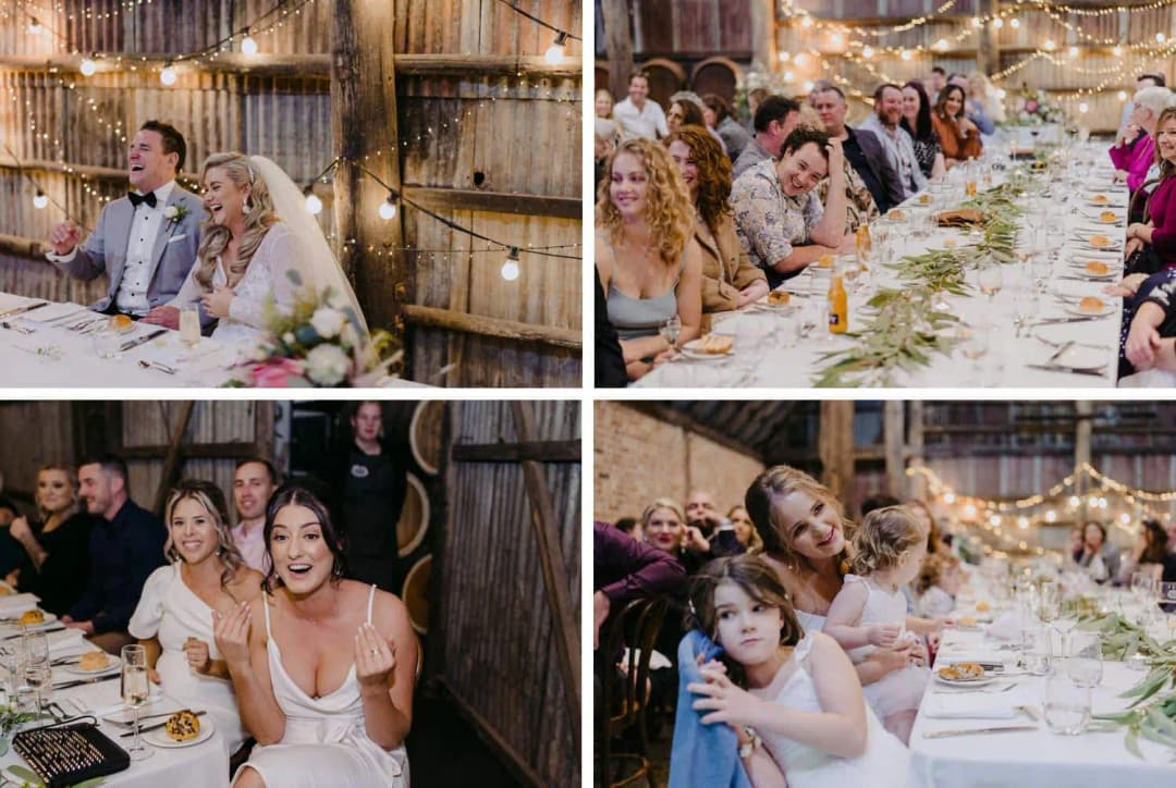 Four photographs of the couple and their guests smiling at long reception tables.