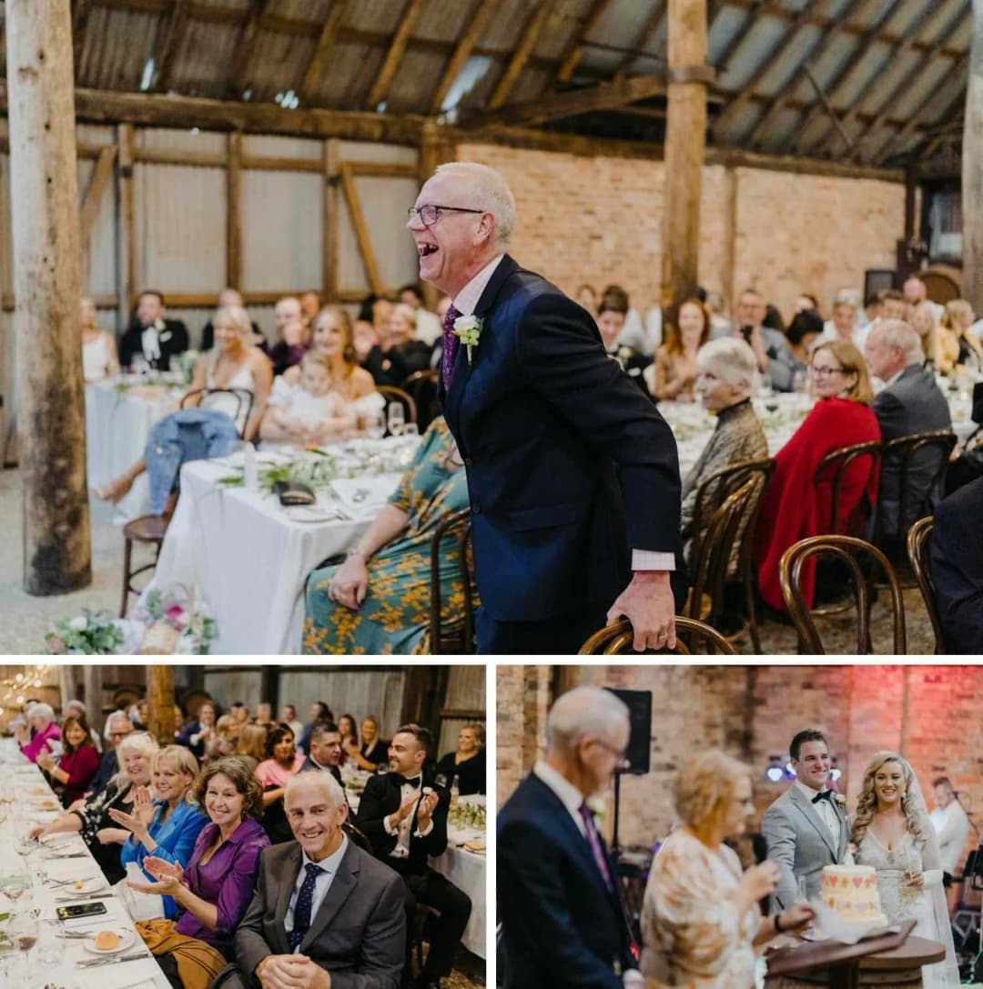 Three photographs of a man giving a speech and guests listening at reception tables.
