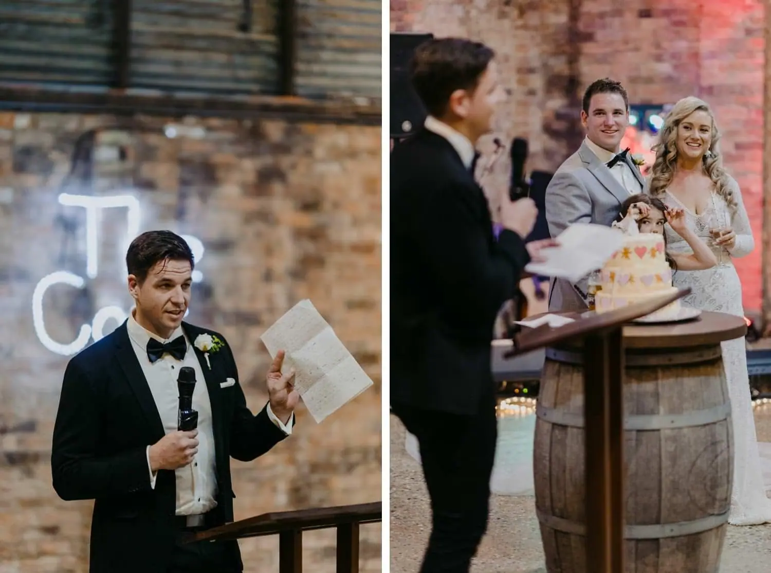 Two photographs of a man reading a microphone speech beside the couple and their wedding cake.