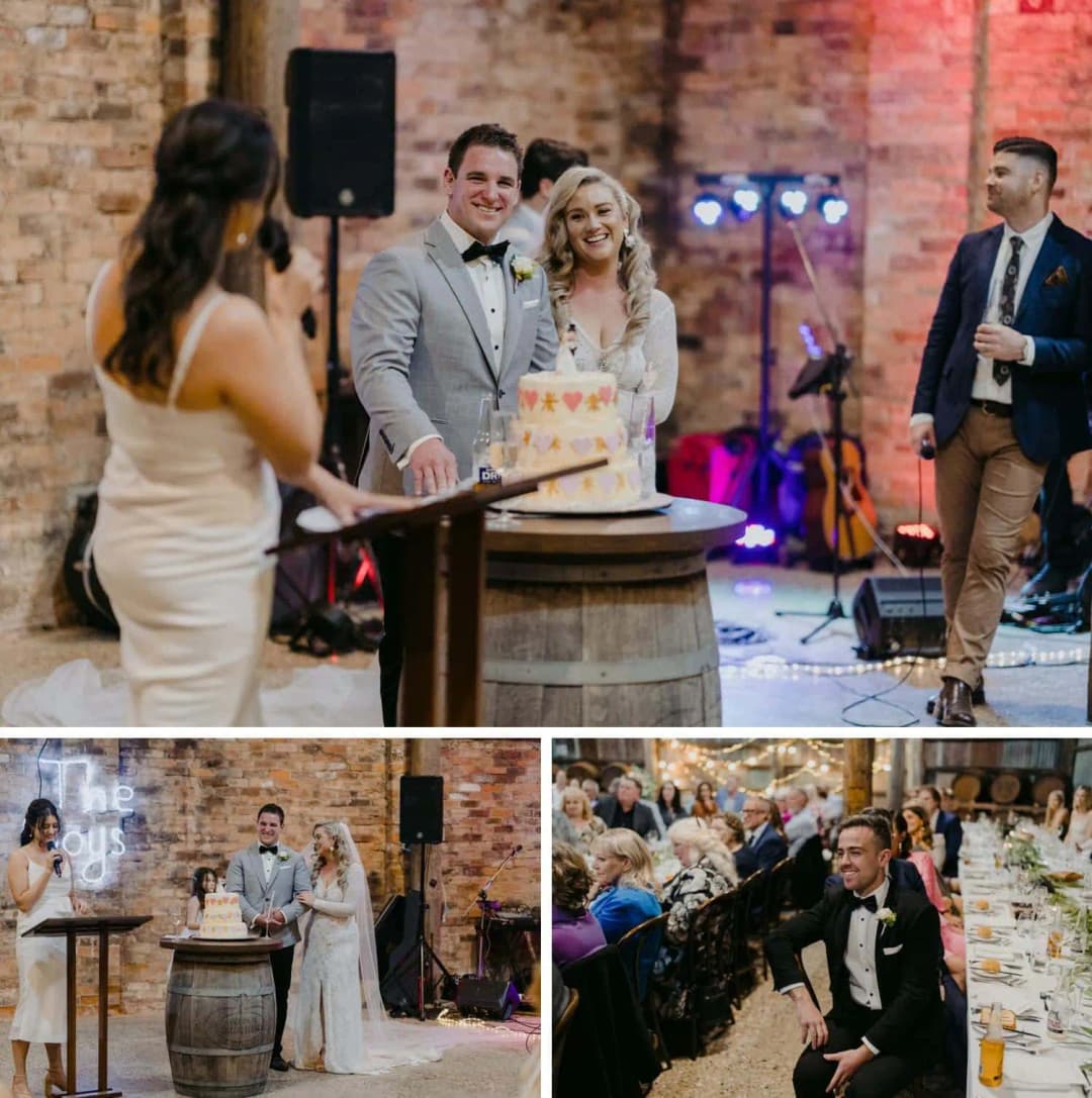 Three photographs of speakers addressing guests beside the couple and their cake.