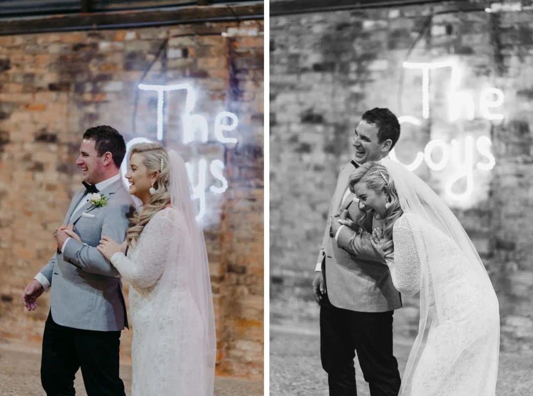 Two photographs of the bride and groom holding a microphone and smiling together.