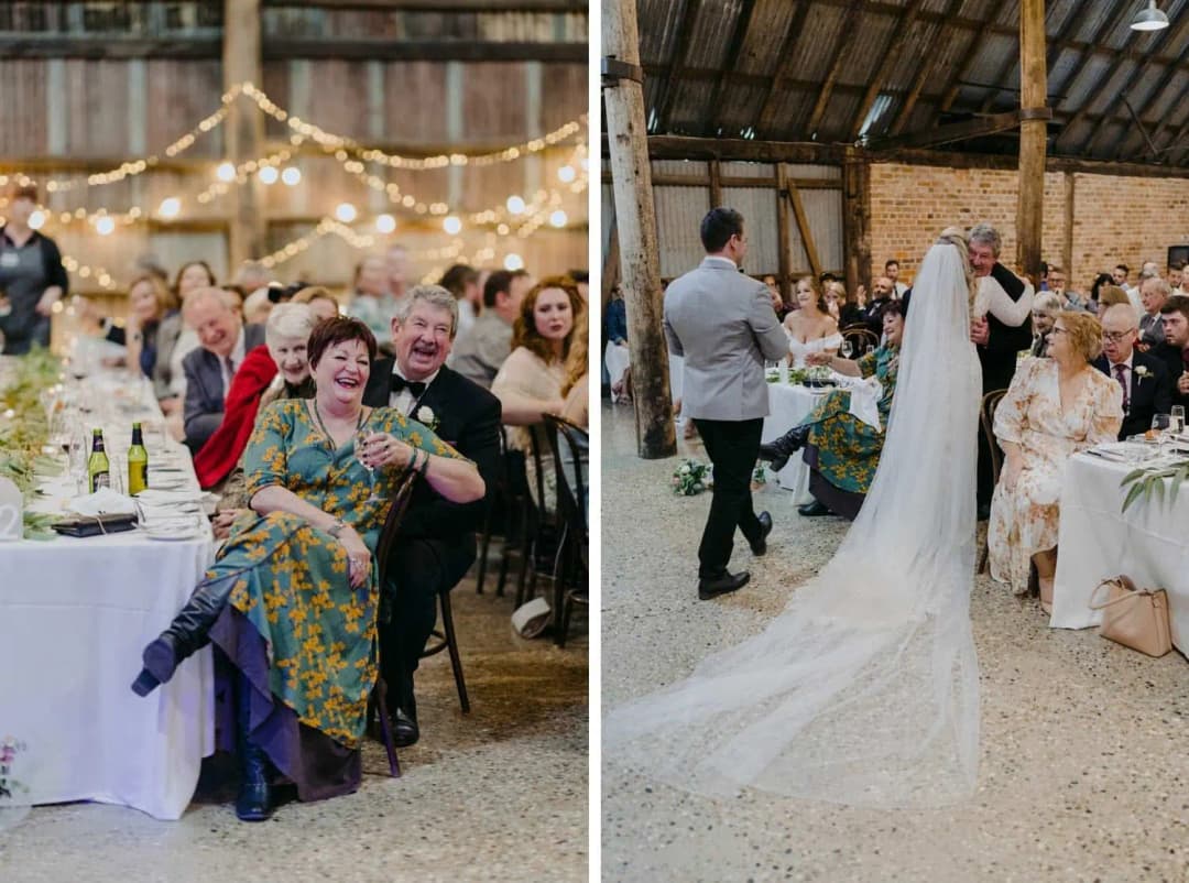 Two photographs of guests listening and the couple standing in front of reception tables.