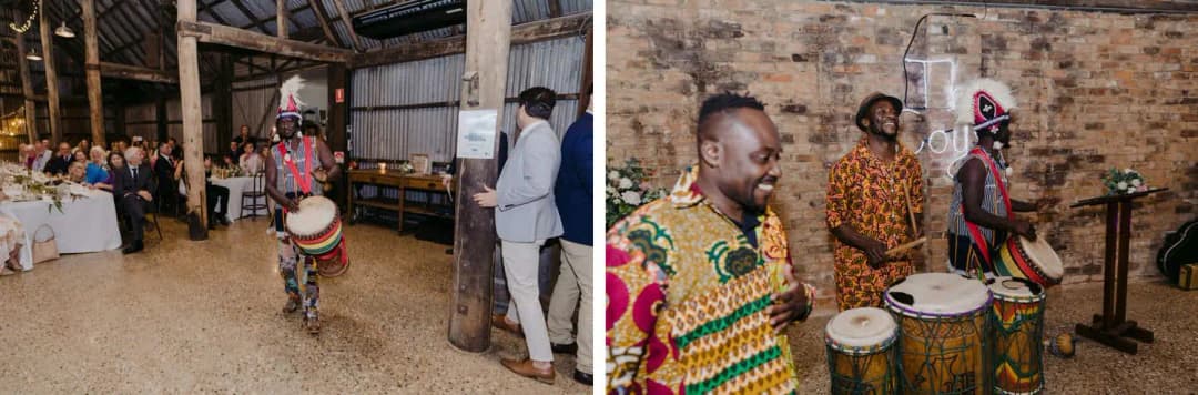 Two photographs of drummers performing in colourful patterned clothing inside the reception room.