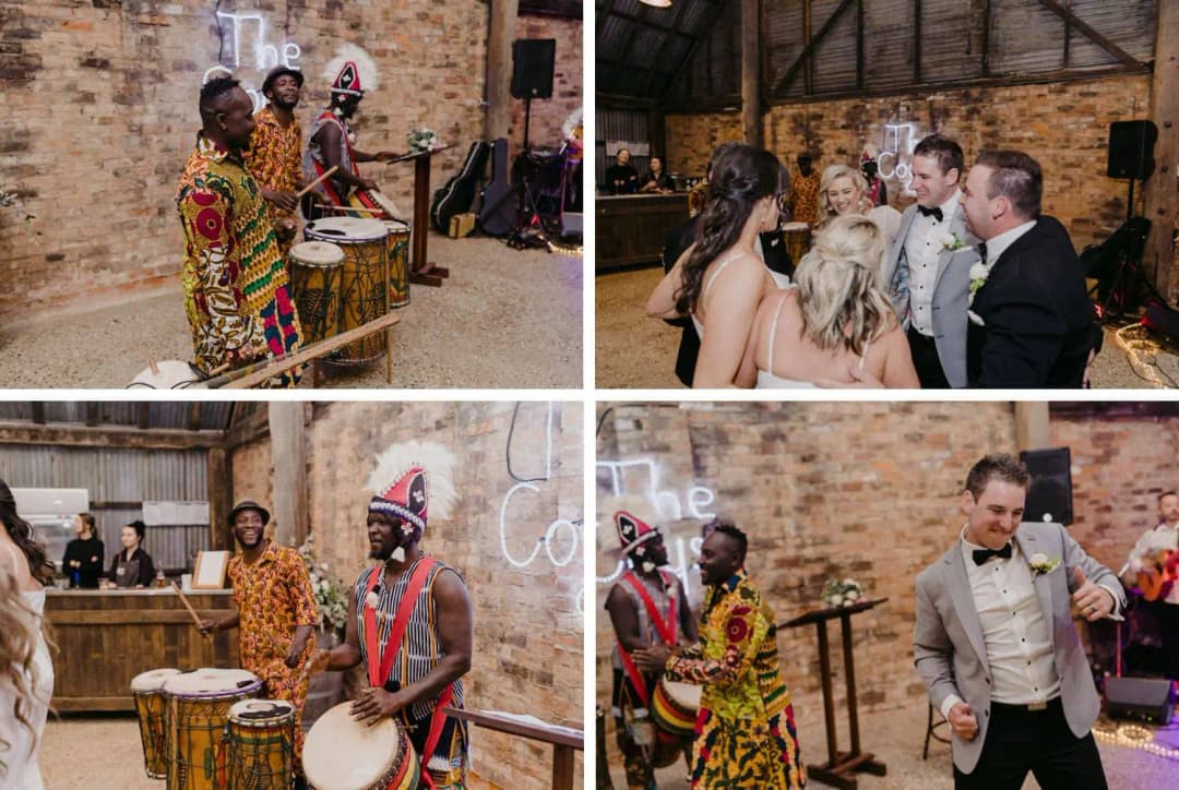 Four photographs of drummers performing and guests dancing around them.