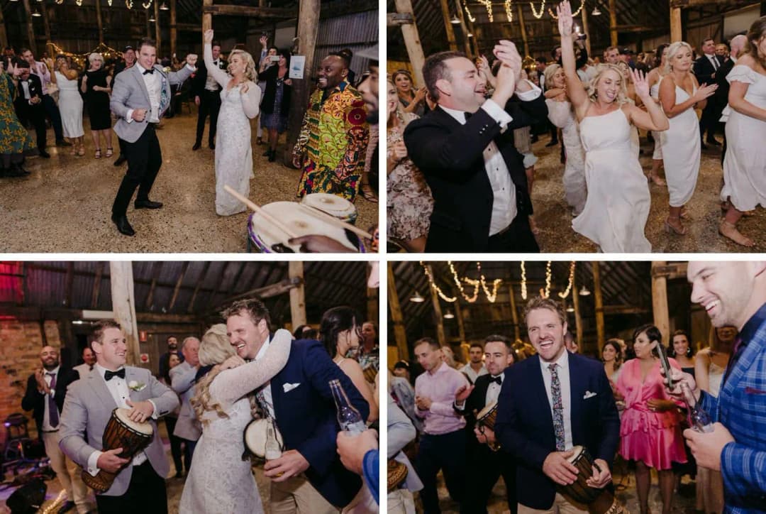 Four photographs of the couple and their guests dancing and cheering at the reception.