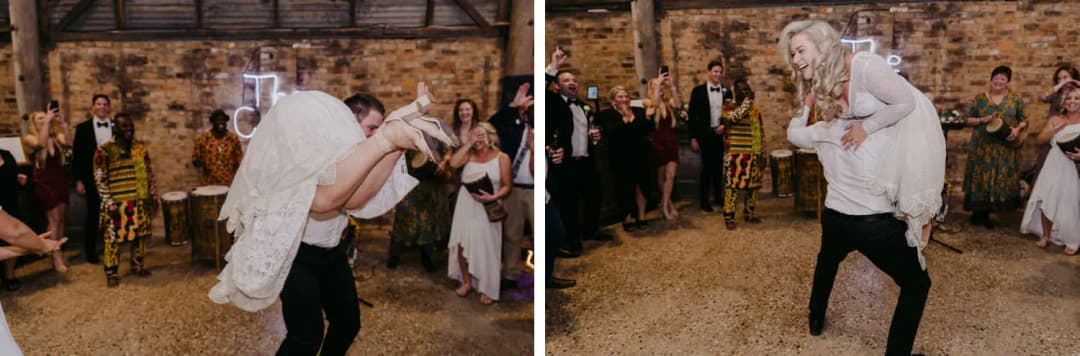 Two photographs of the groom carrying the bride across his shoulders on the dance floor.