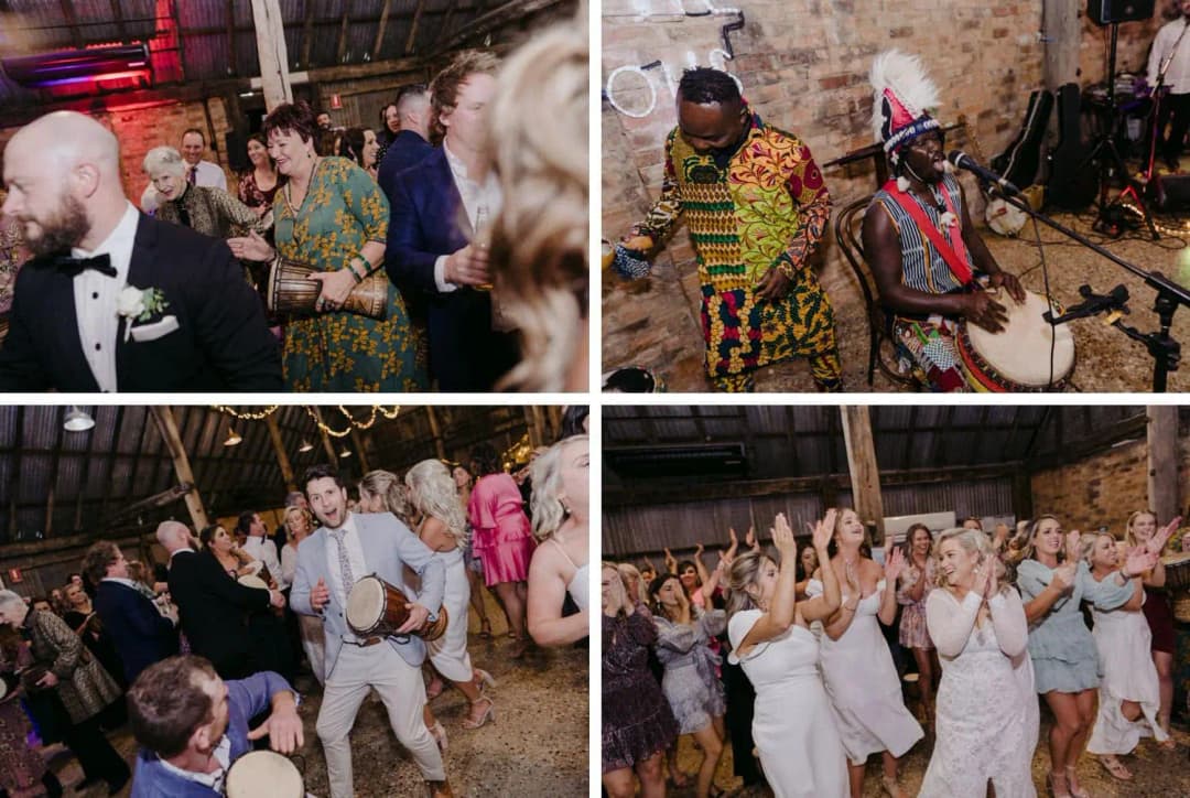 Four photographs of guests dancing and drummers performing at the reception.