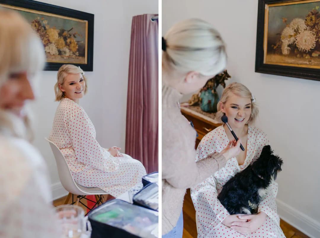 Two photographs of the bride having makeup applied while holding a small black dog