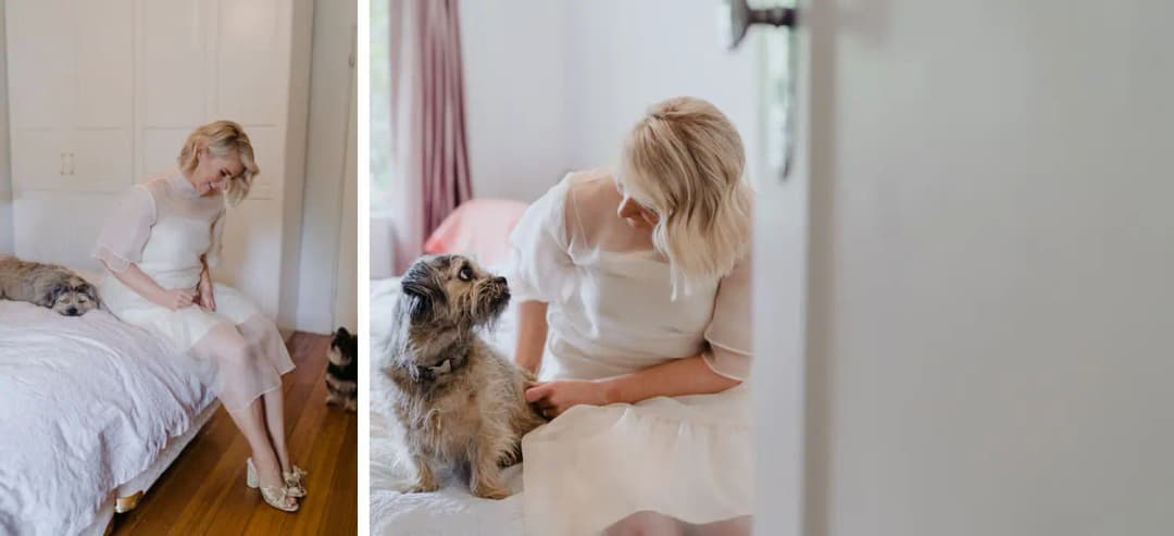 Two photographs of the bride sitting on a bed and greeting a small dog