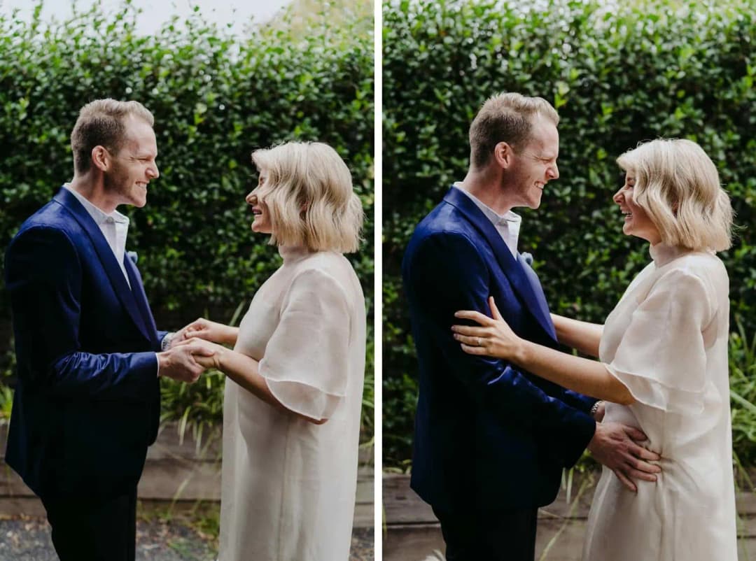 Two photographs of the bride and groom holding hands and embracing outdoors