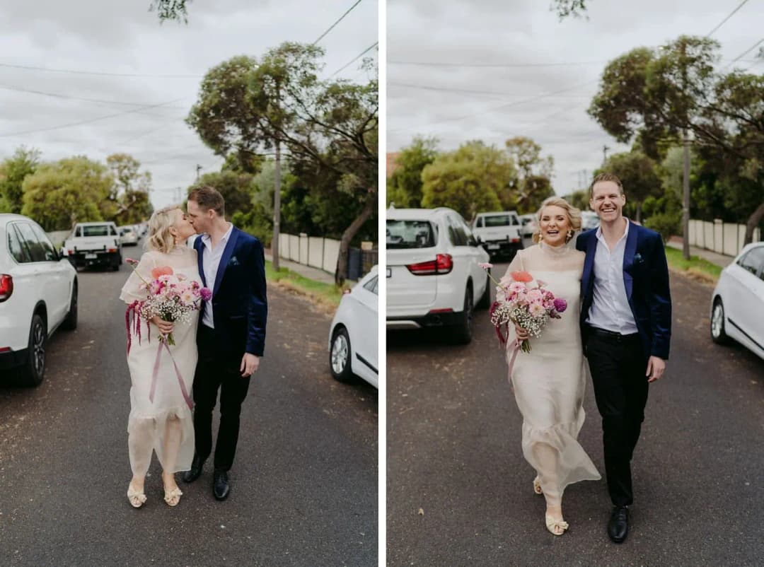 Two photographs of the bride and groom walking together along a residential street