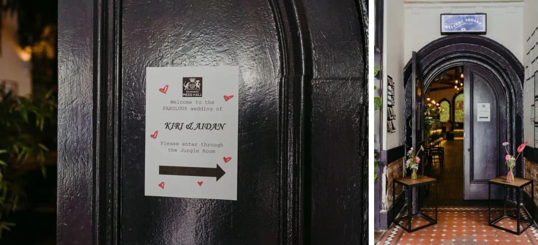 Two photographs of a wedding direction sign and the venue's arched entrance