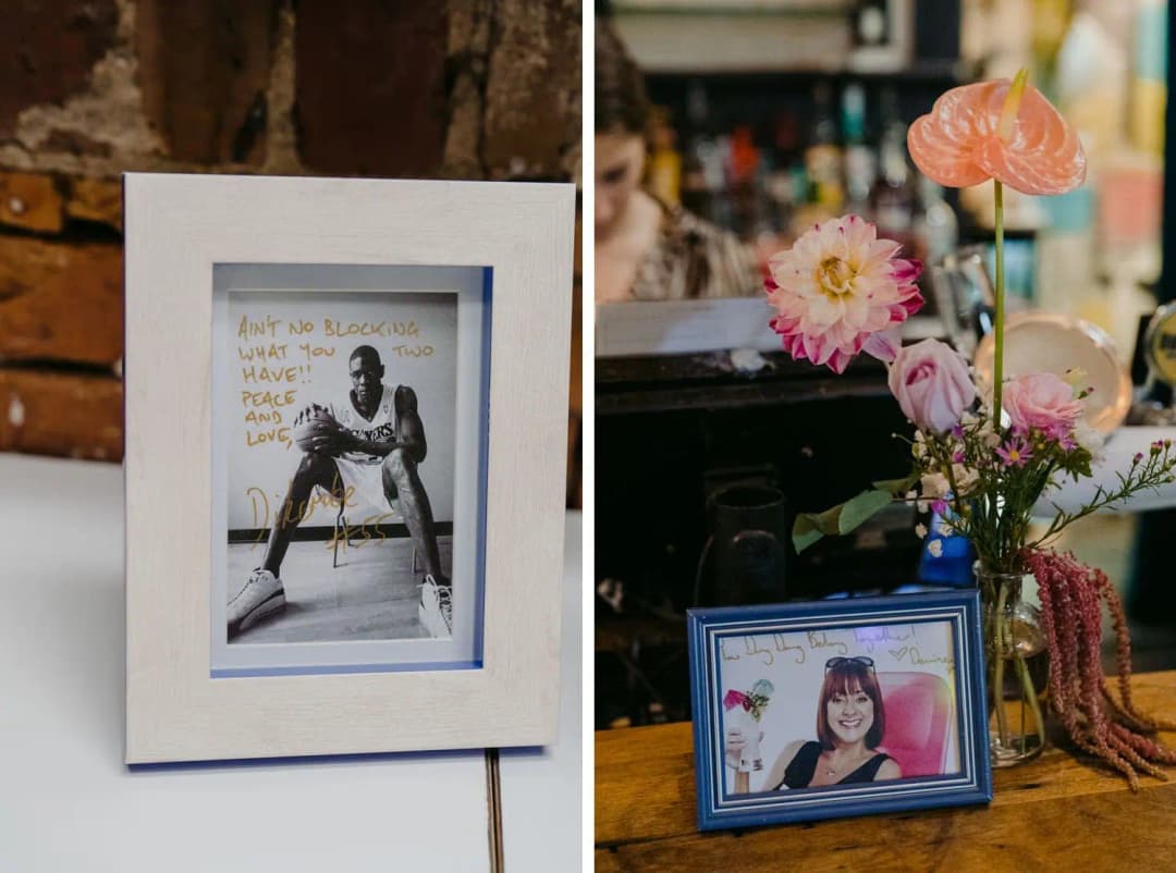 Two photographs of framed portraits and pink floral decorations inside the venue