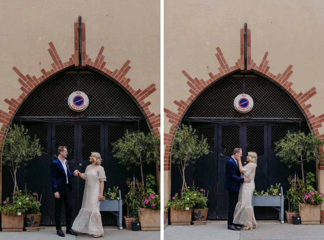 Two photographs of the bride and groom standing and embracing beneath an arched entrance