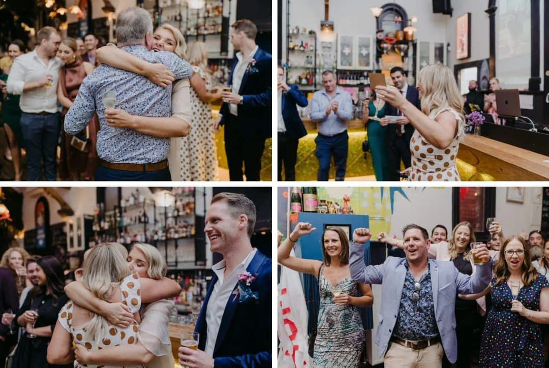 Four photographs of wedding guests embracing, applauding and cheering