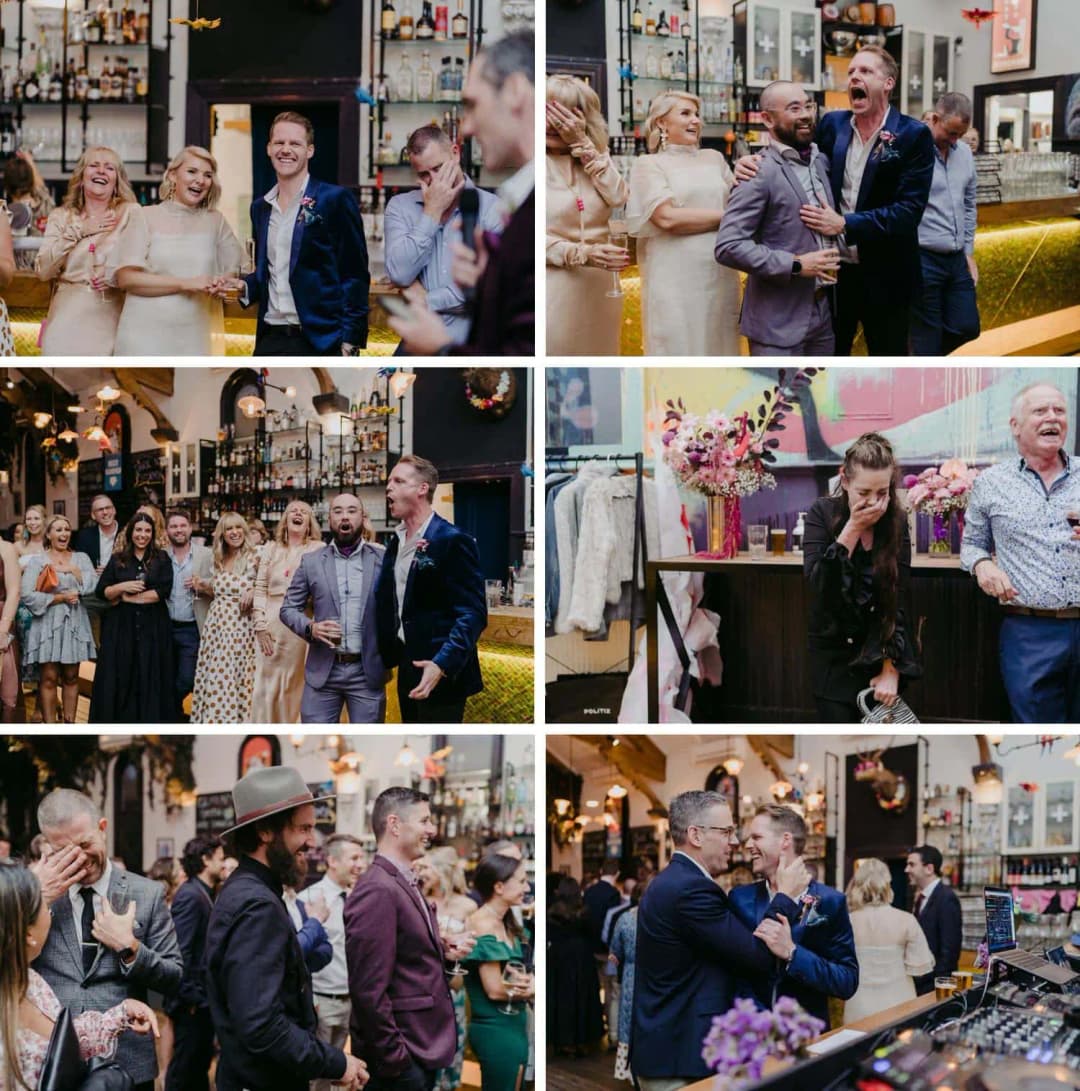 Six photographs of guests speaking, listening and laughing during the reception