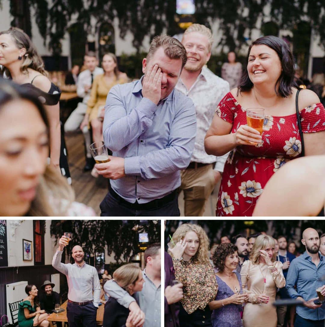 Three photographs of guests laughing and listening during the reception