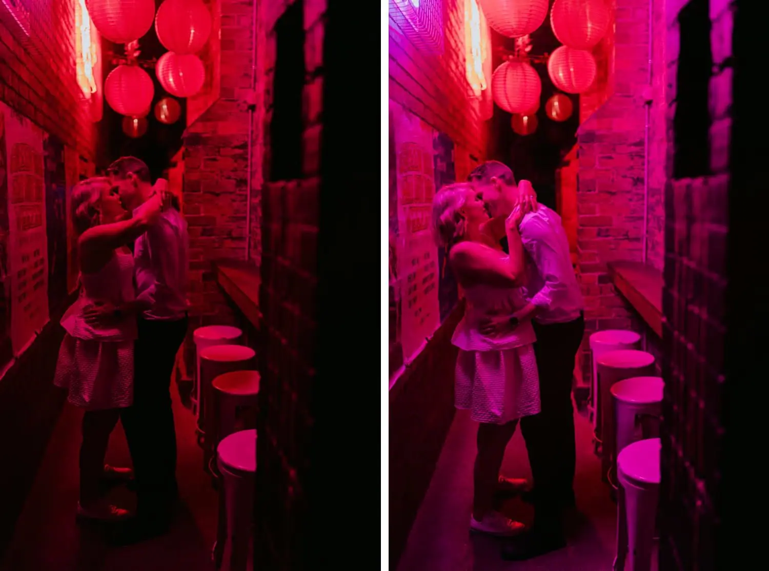 Two photographs of the bride and groom kissing beneath red lanterns in a narrow corridor