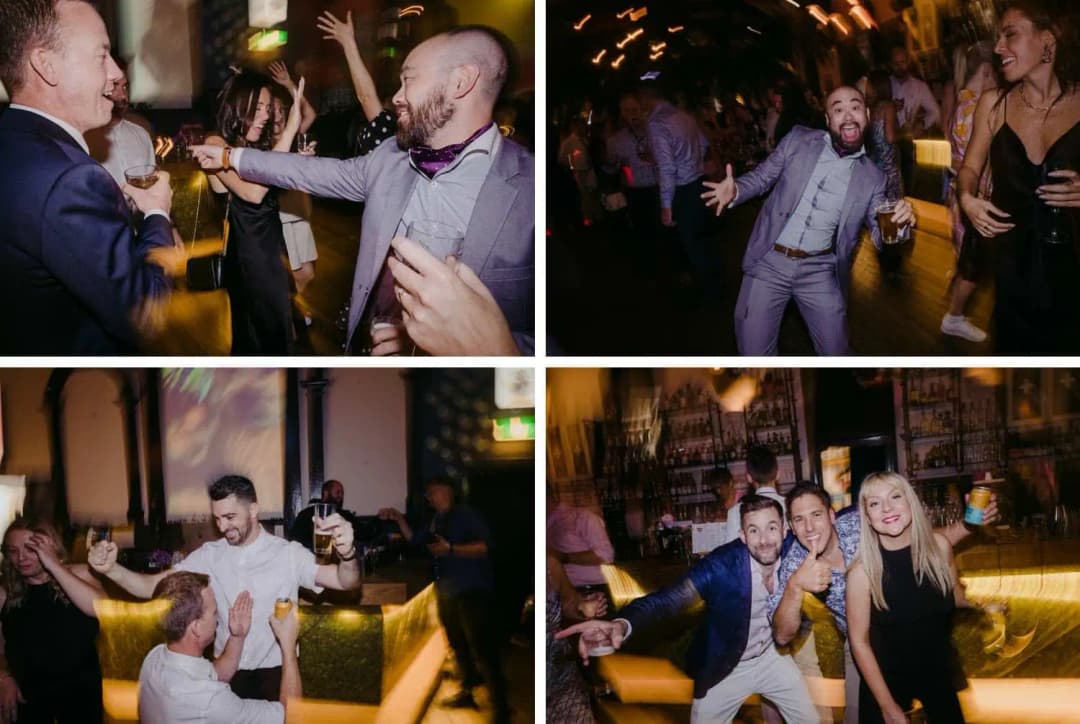 Four photographs of guests dancing and posing together at the reception