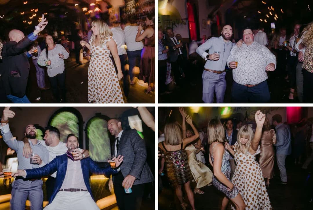Four photographs of guests celebrating together on the dance floor