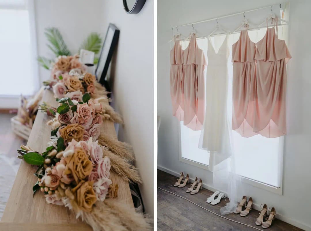Two photographs of wedding bouquets and pink dresses hanging above shoes
