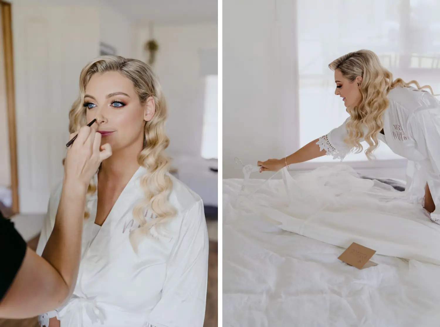 Two photographs of the bride having makeup applied and looking at her dress