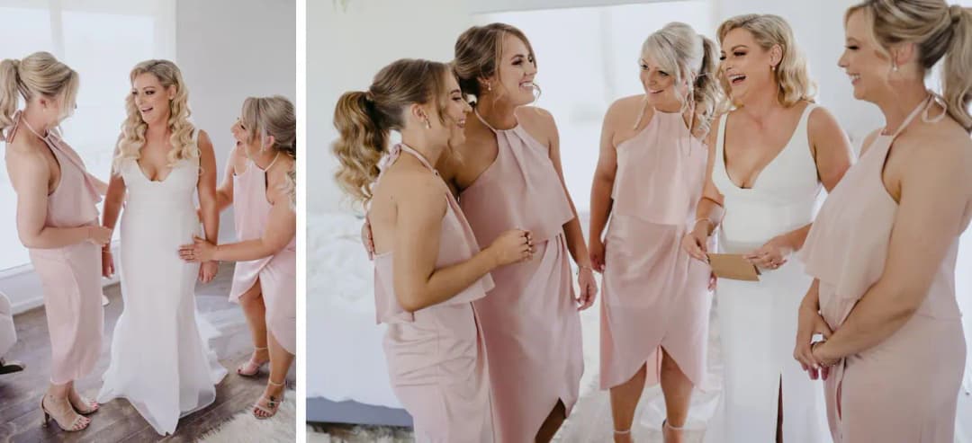 Two photographs of the bride and bridesmaids laughing together indoors