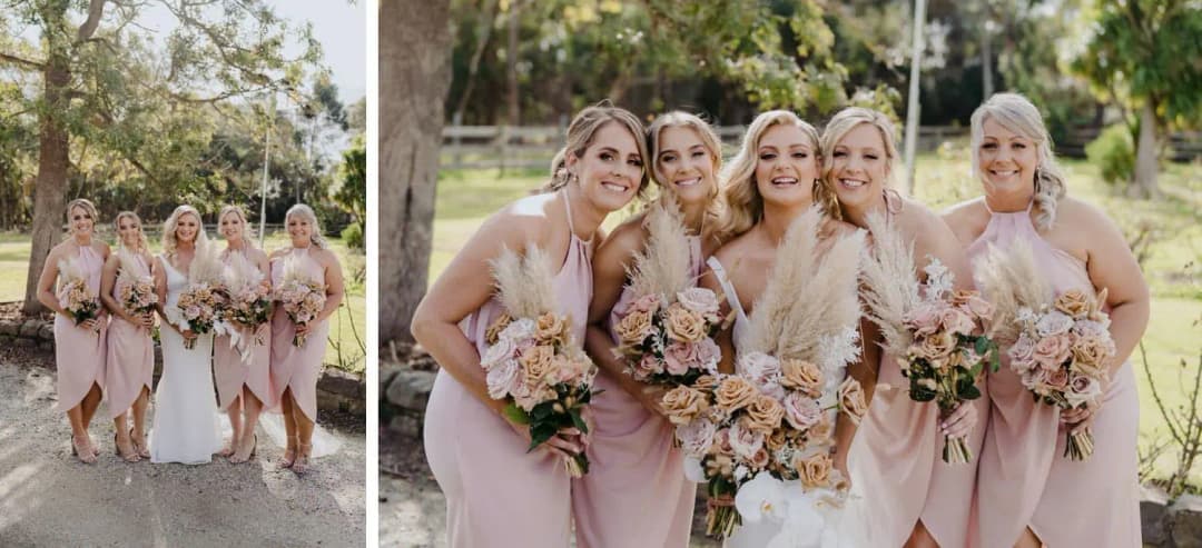 Two photographs of the bride and bridesmaids holding bouquets outdoors