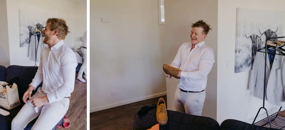 Two photographs of a man getting ready and looking through a wooden box