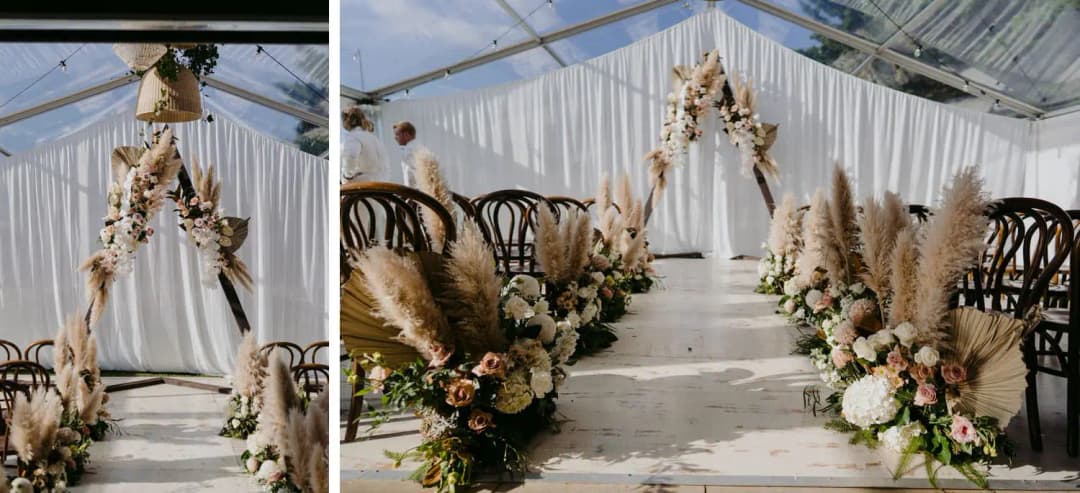 Two photographs of a floral ceremony arch inside a clear marquee