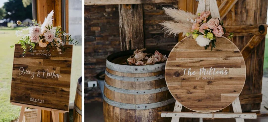 Two photographs of wooden wedding signs decorated with flowers