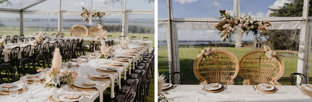 Two photographs of a reception table and wicker chairs decorated with flowers
