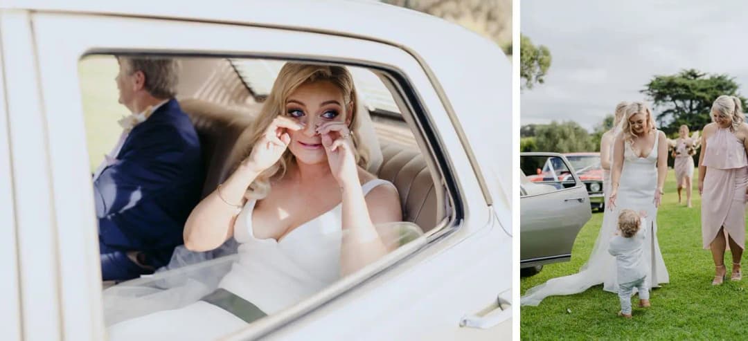 Two photographs of the bride smiling in a car and walking with a small child