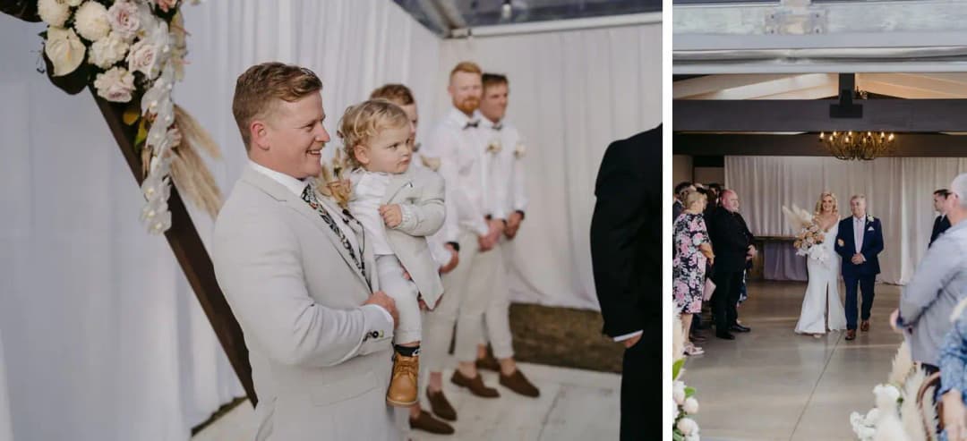 Two photographs of the groom holding a child and the bride arriving for the ceremony