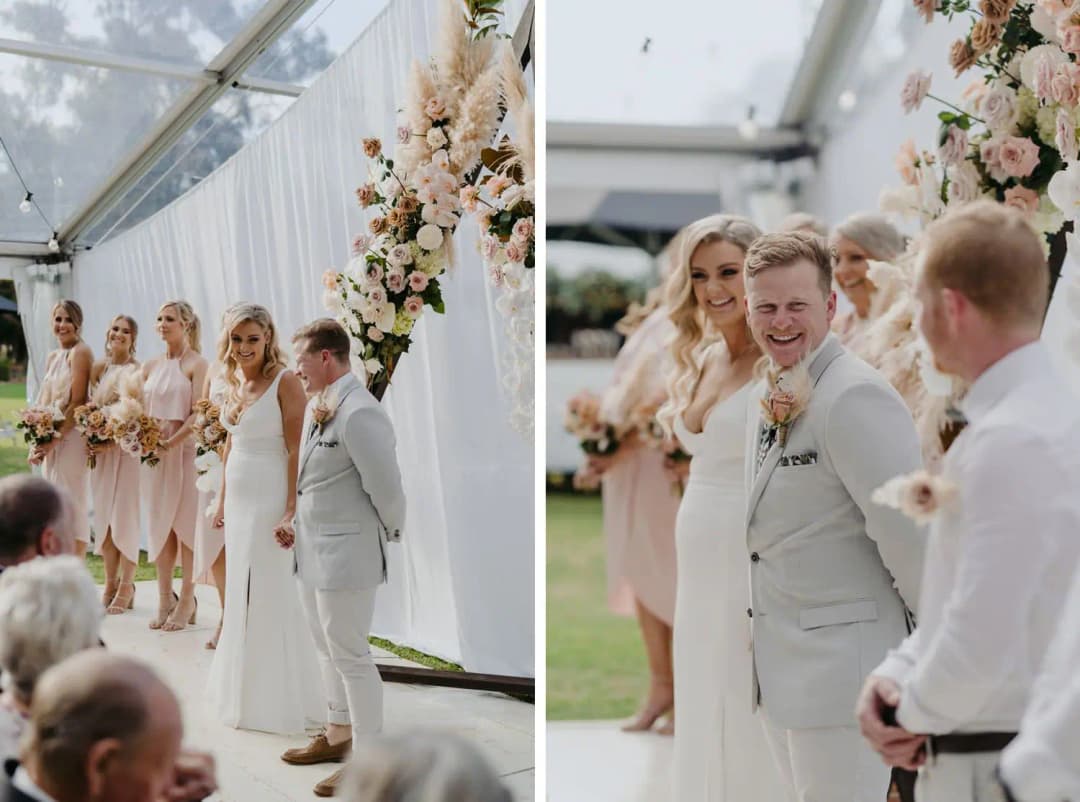 Two photographs of the bride and groom smiling during the ceremony