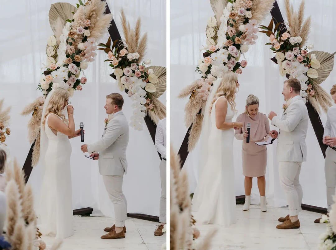 Two photographs of the couple exchanging vows beside the celebrant
