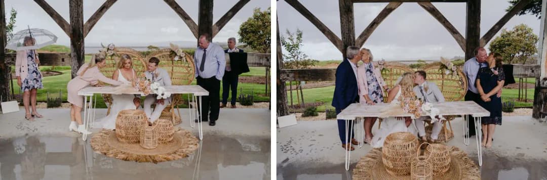 Two photographs of newlyweds signing the wedding register outdoors