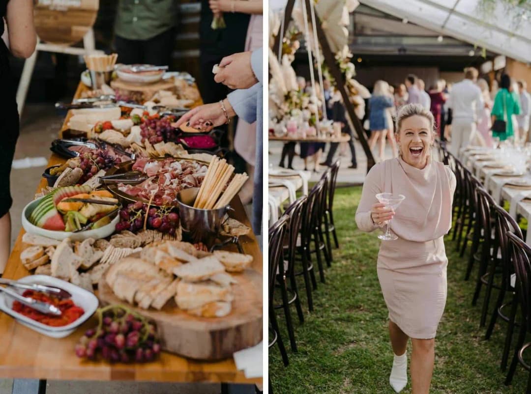 Two photographs of shared food platters and a laughing reception guest