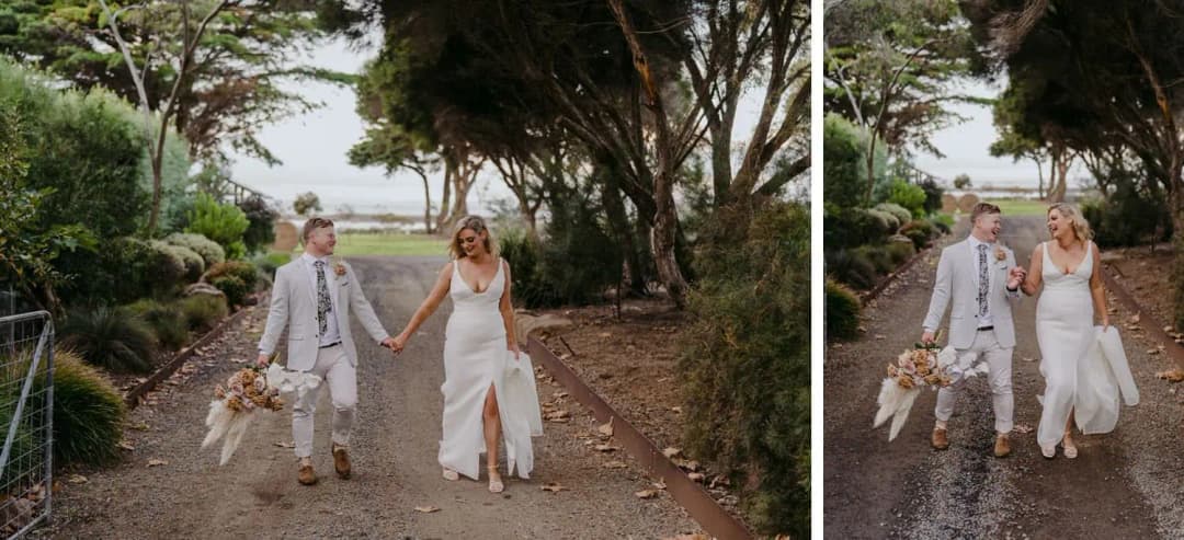 Two photographs of newlyweds walking hand in hand along a garden path