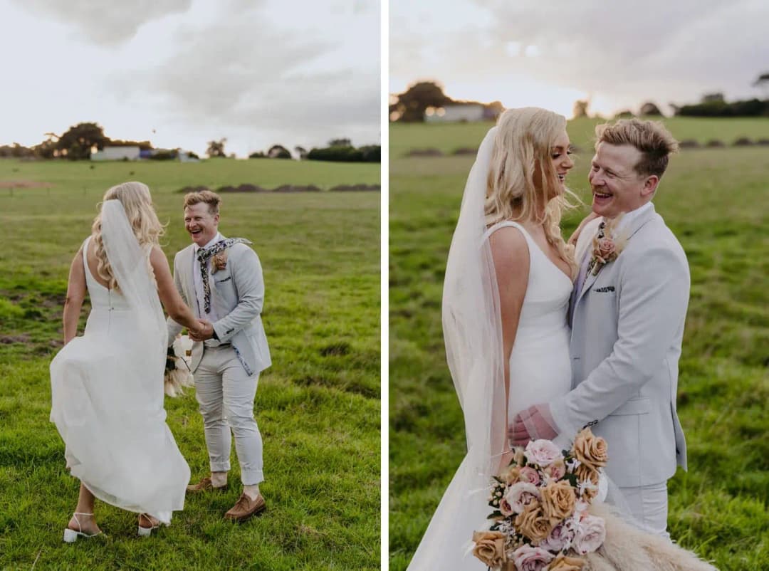 Two photographs of newlyweds laughing and holding hands in a paddock