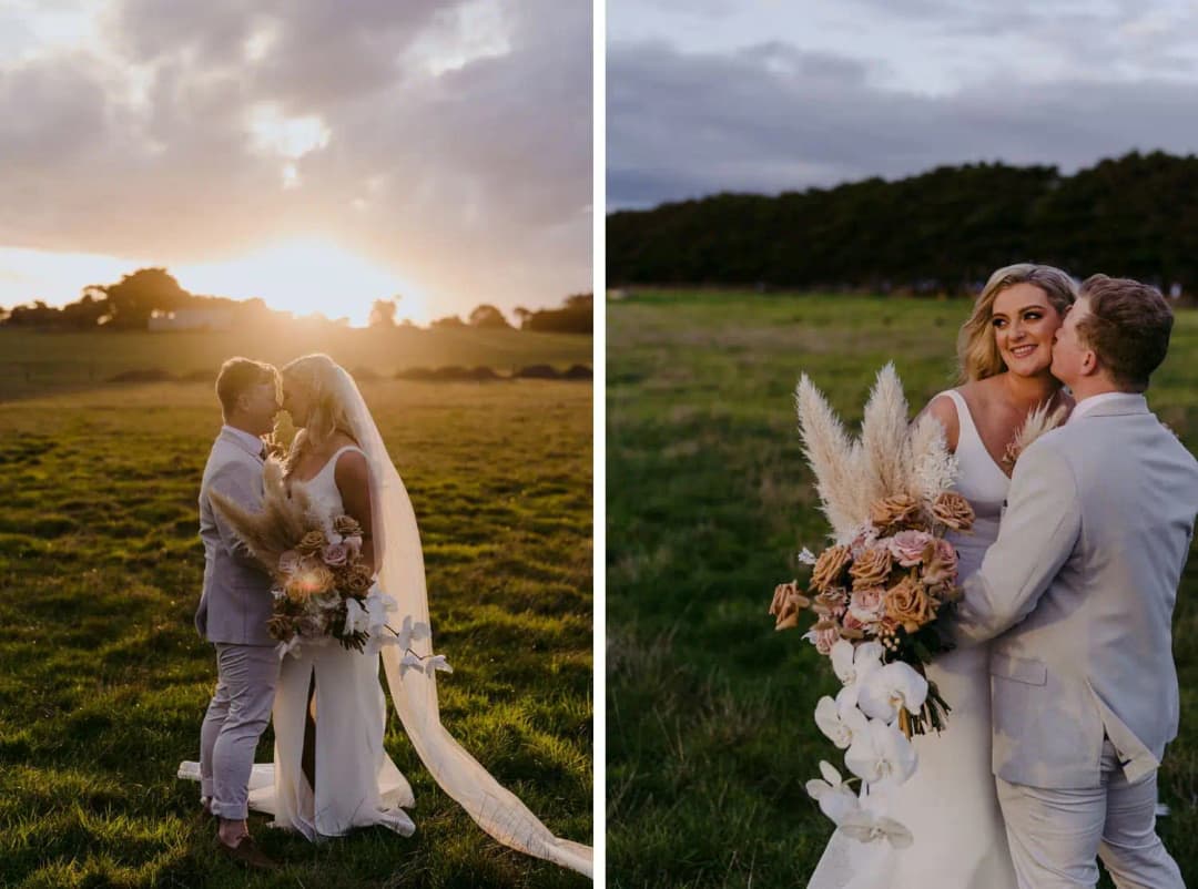 Two photographs of newlyweds kissing and smiling together at sunset