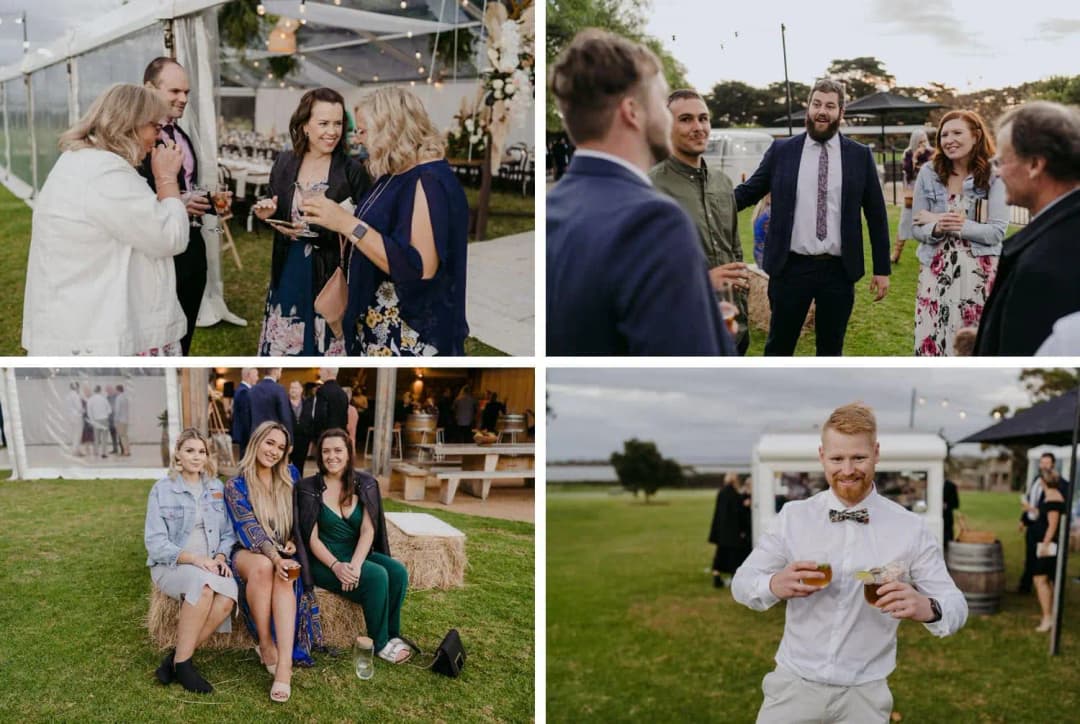 Four photographs of wedding guests holding drinks and relaxing outside