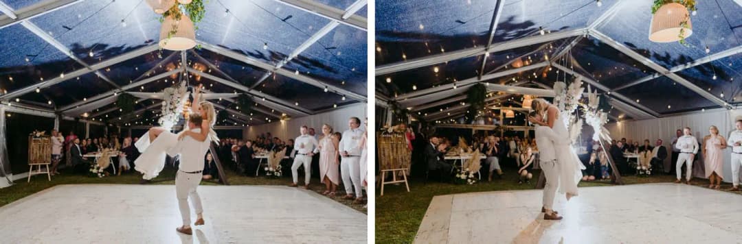 Two photographs of newlyweds dancing beneath reception lights