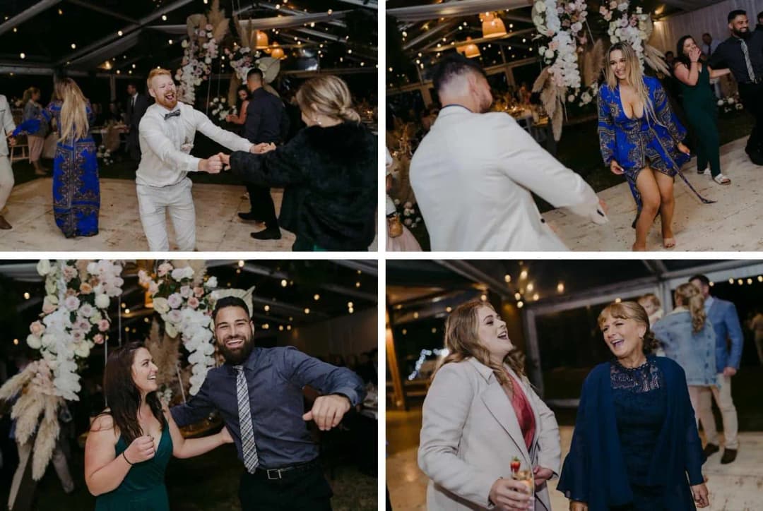 Four photographs of guests laughing and dancing together at the reception