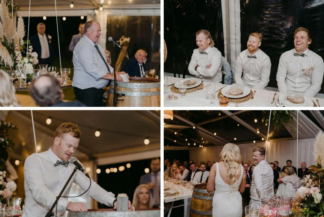Four photographs of reception speeches and guests laughing at the wedding table